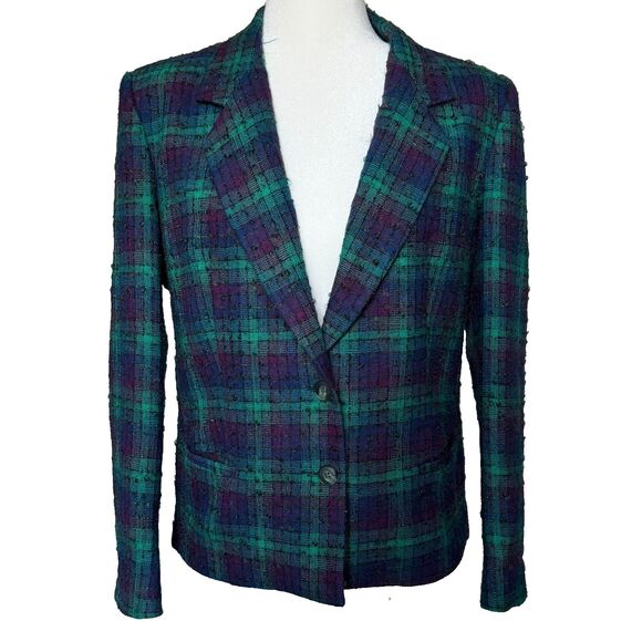 Vtg 60s/70s Green Plaid Bouclé Wool Blazer Women’s 10 (fits S/M) Old Money Artsy - Picture 1 of 9